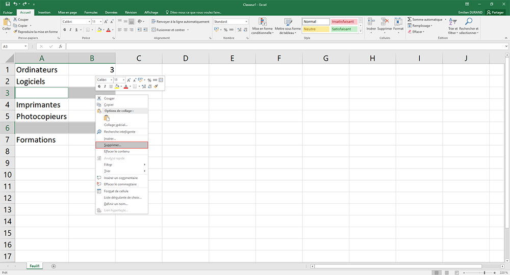 clic droit excel